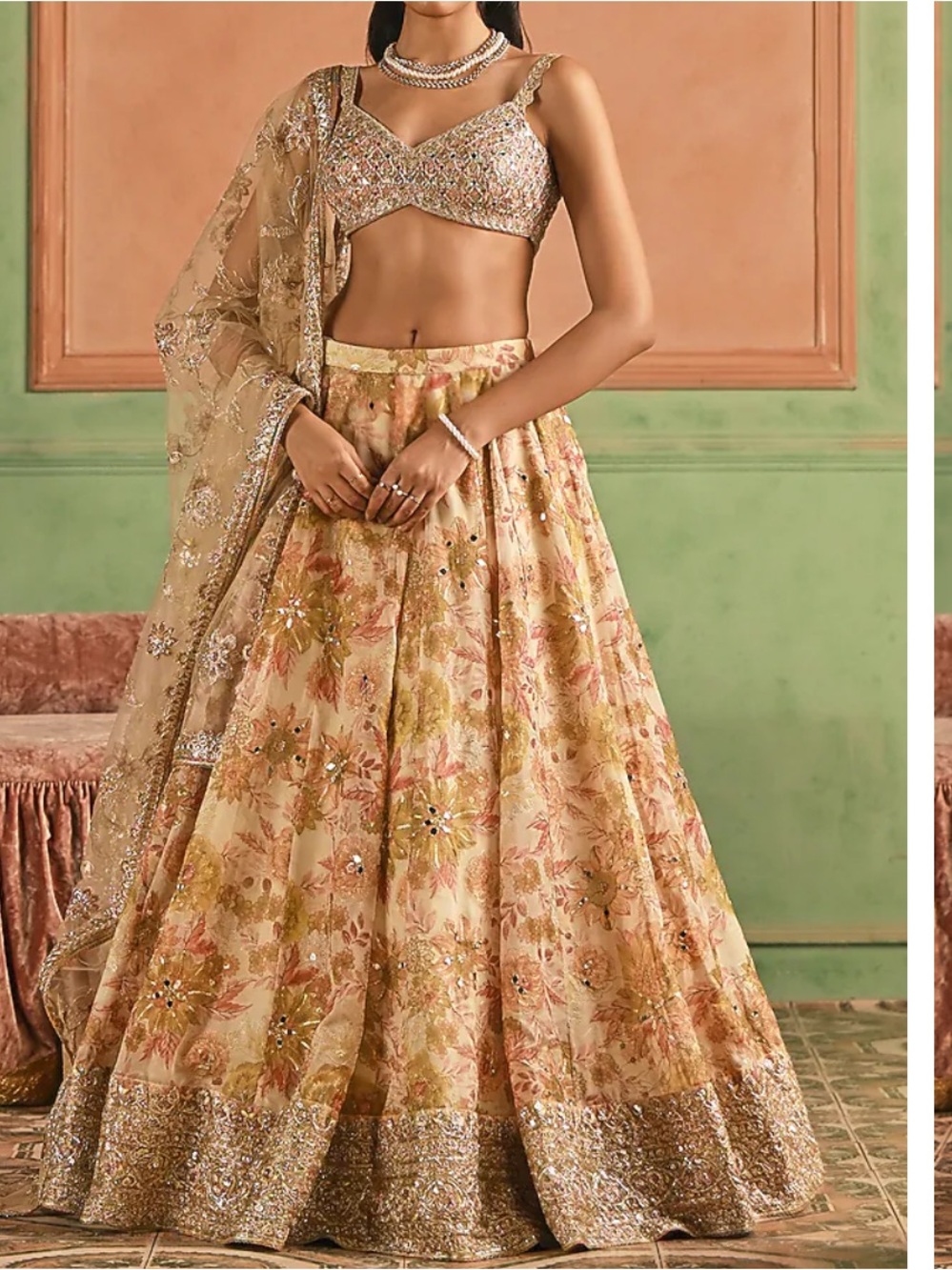Lashkaraa 2 Piece Cream Net Floral Lehenga Set XS